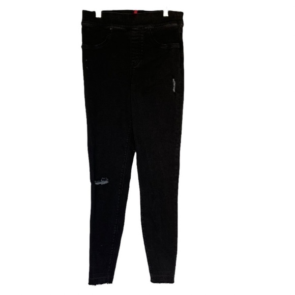 𝅺spanx Distressed Black Pull On Elastic Waist Skinny Jeans Womens Size Small - Picture 1 of 7
